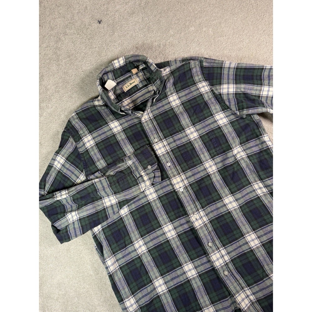 Vintage LL Bean Shirt Mens XL Tall Button Up Flannel Green blue Tartan Plaid
